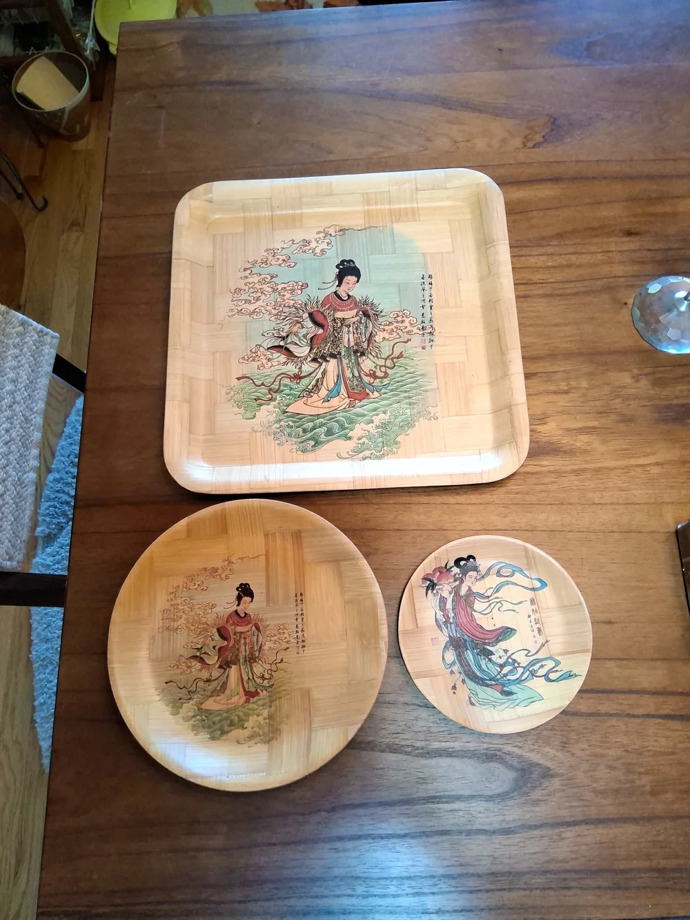 1960's Painted Bamboo Plates, Set of 3. 1 Large Square + 2 Round. Wall Decor